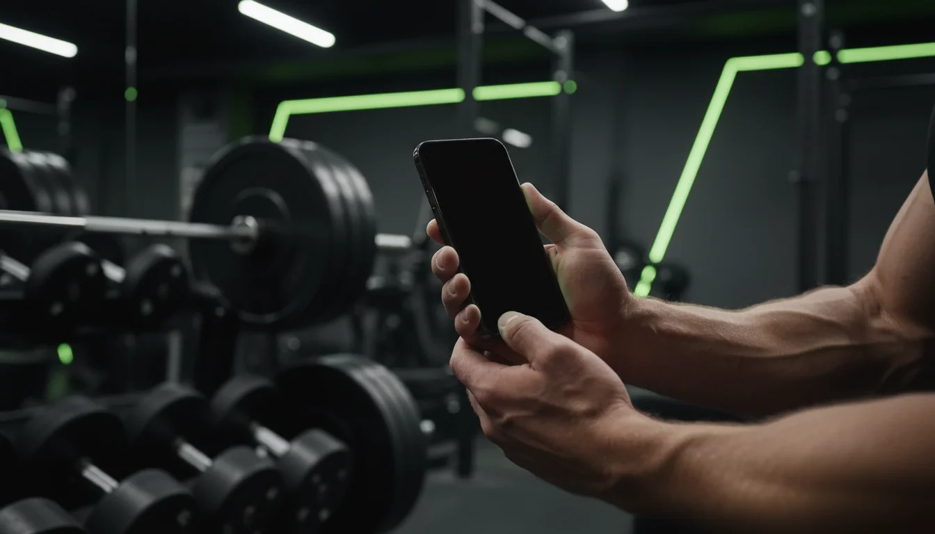 Entre séries, celular com a sessão ao vivo do Treino Certo IA