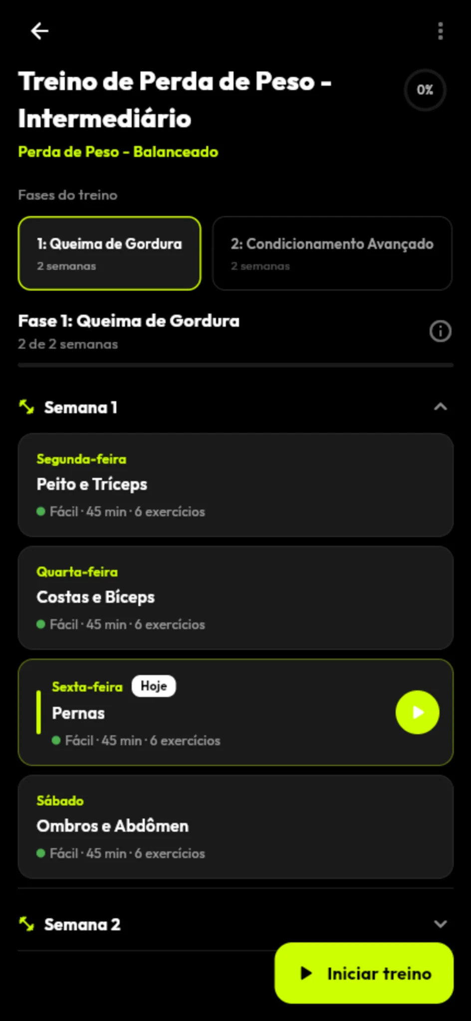 Plano de treino do Treino Certo IA com dias e exercícios