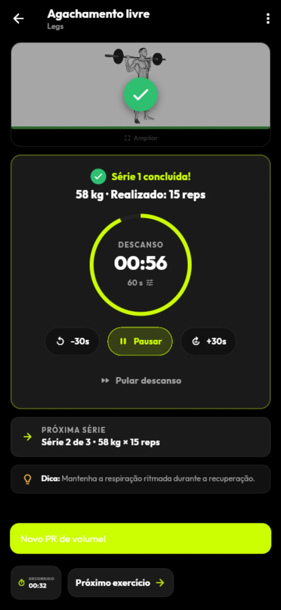 Controles do cronômetro de descanso entre séries