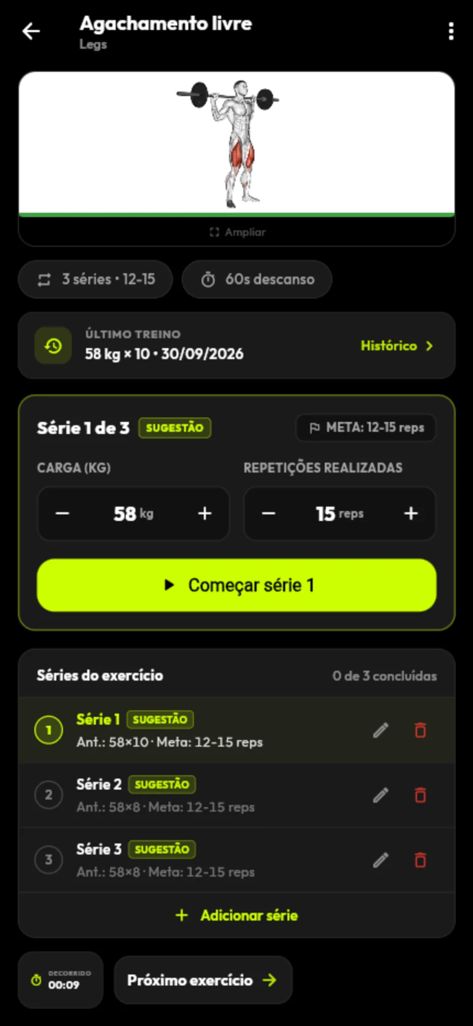 Tela demonstrativa da sessão de treino com registro de séries.