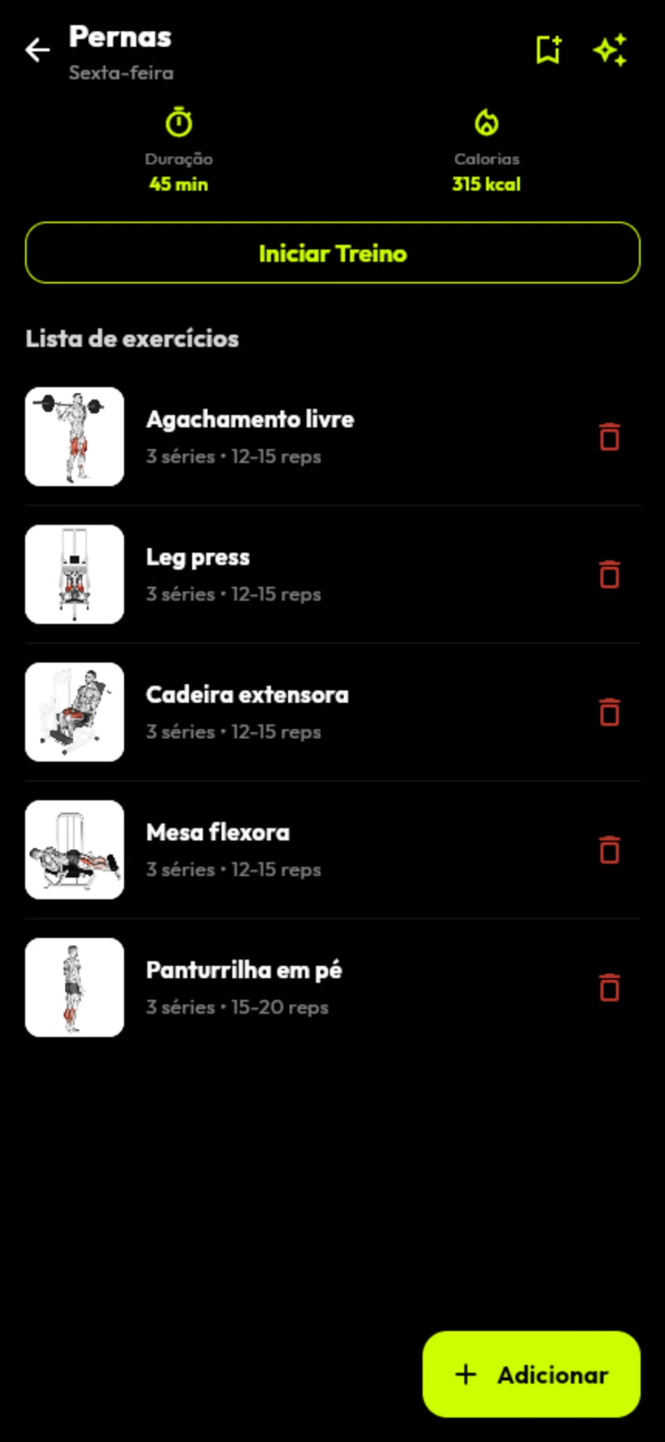 Lista de exercícios de uma sessão de treino