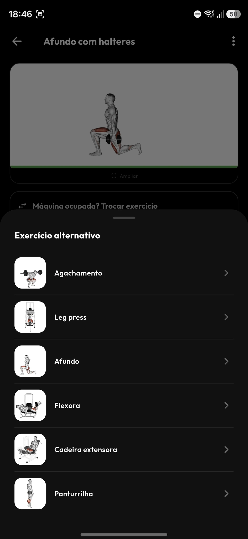 Opção de substituição rápida de exercício com máquina ocupada