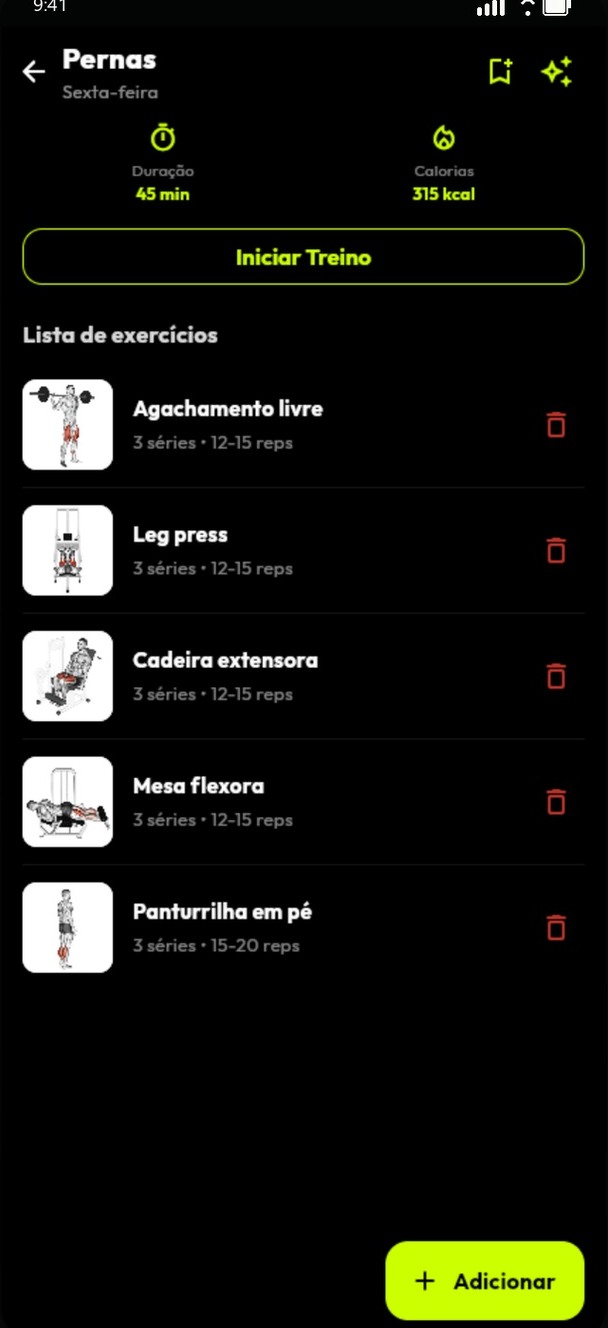 Tela demonstrativa com a lista de exercícios do treino do dia.