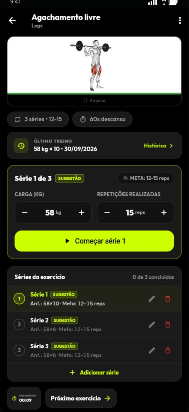 Tela demonstrativa com registro de séries, carga e repetições.